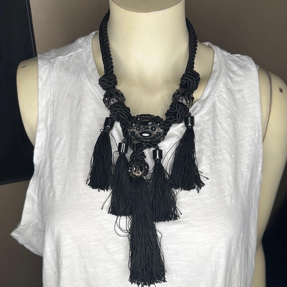 Mika Black Tassel Bib Chunky Statement Necklace - Picture 2 of 6